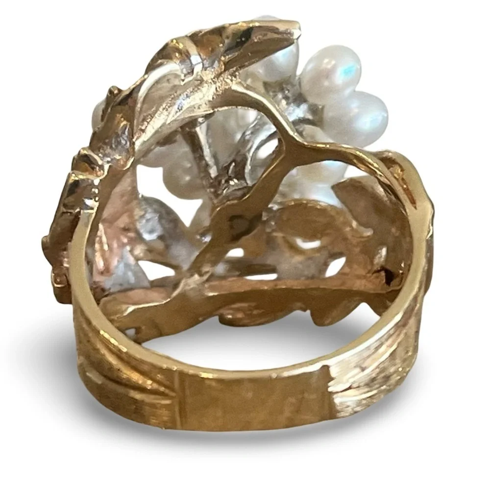 Mid-Century 14 K Solid Gold Seed Pearl Diamond Laurel Wreath Ring Size 6.5